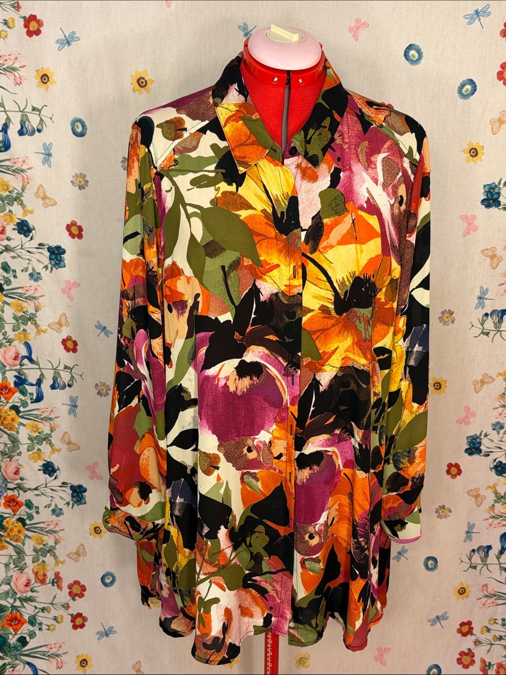 Spense - Vibrant Floral Button-Up Blouse Tunic Top or Easy Casual Light Jacket